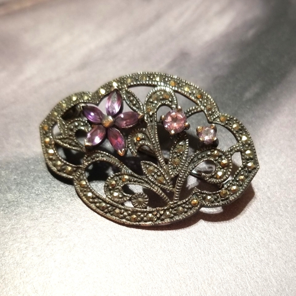 Sterling Silver Marcasite Amethyst Vintage Brooch
